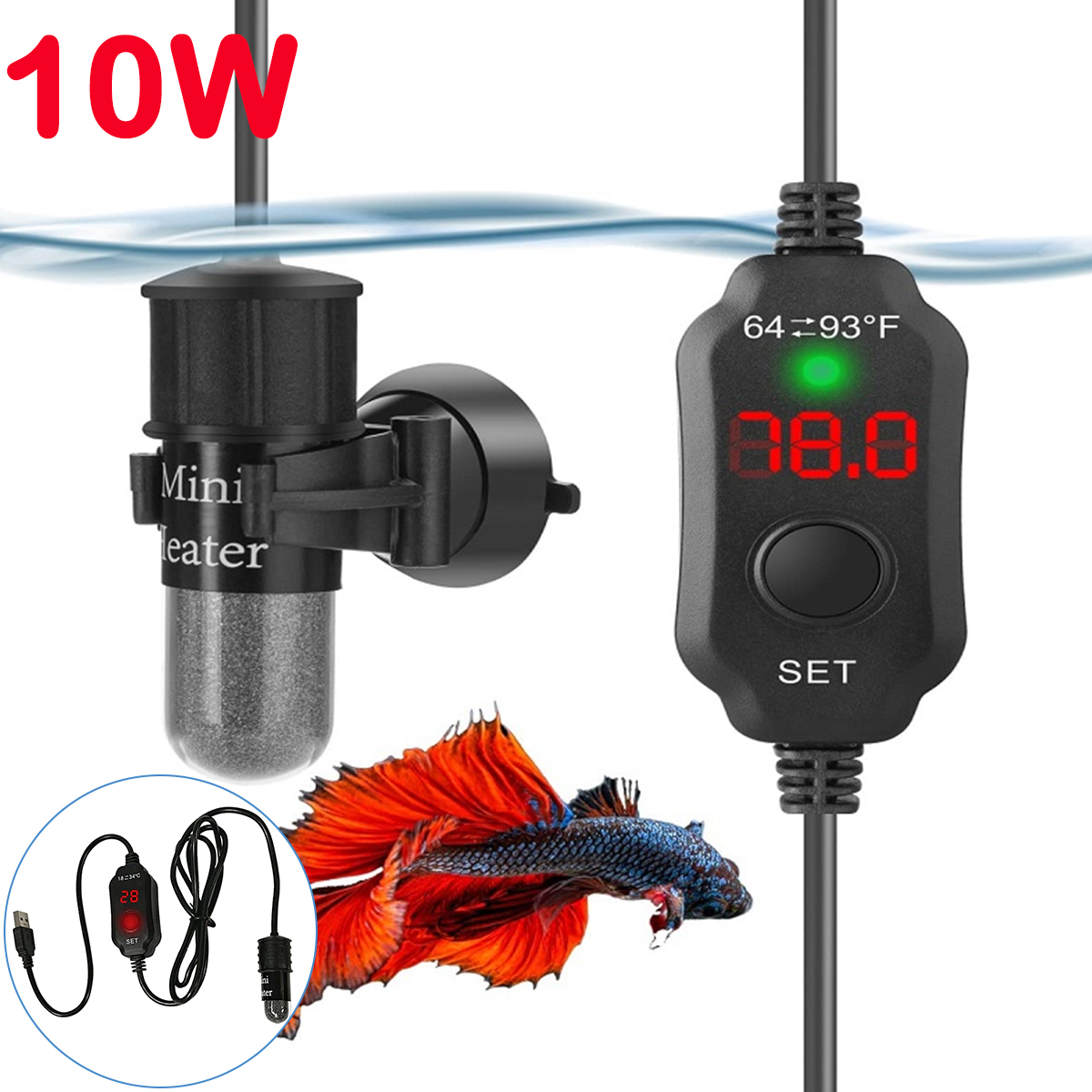 Aquarium Heater Submersible - Regulowany grzejnik akwariowy 10W 18-34 °